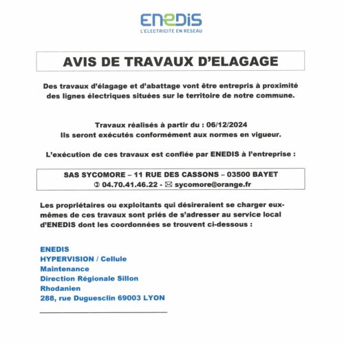 TRAVAUX ELAGAGE – SYCOMORE- ENEDIS à partir du 06-12-2024