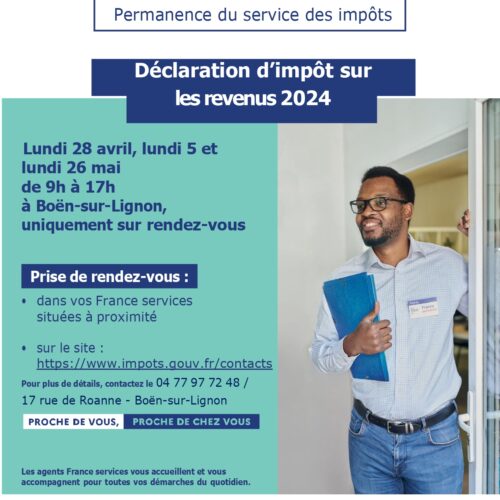 3 permanences à France Services de BOEN pour Le service des impôts des particuliers.