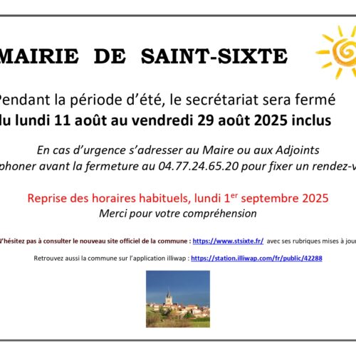 Fermeture du secrétariat congés été du 11 au 29-08-25