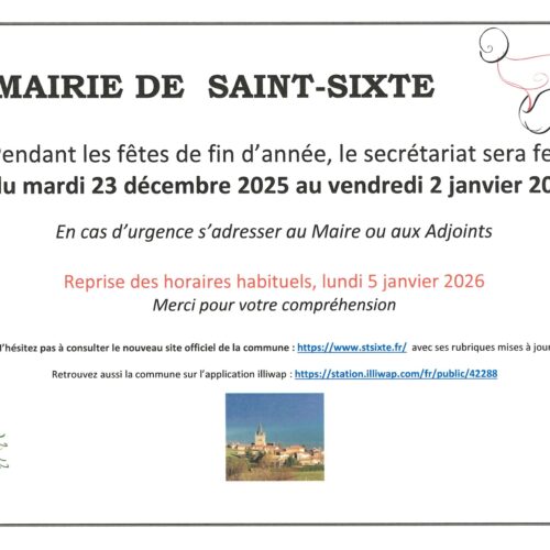 Fermeture du secrétariat du 23-12-25 au 02-01-26