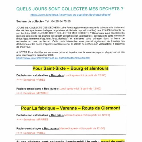 JOURS DE COLLECTE DECHETS 2026