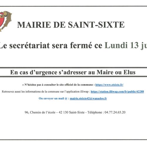 Fermeture du secrétariat lundi 13 juillet
