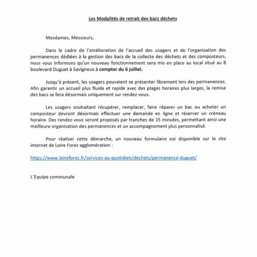 Modalités retrait BACS DECHETS