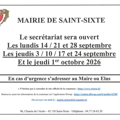 Jours d&rsquo;ouverture secrétariat en septembre – octobre